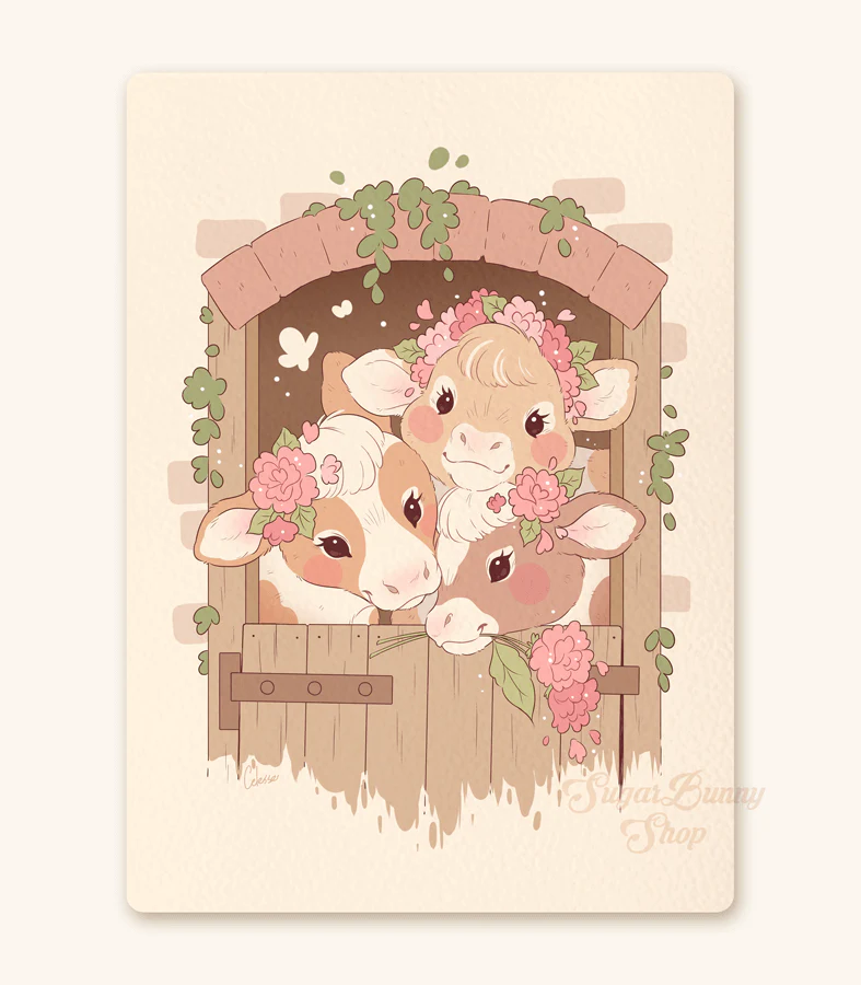 Country Girls Cows Textured Print - Image 2