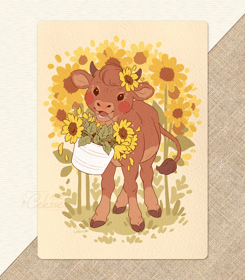 Hello Sunshine Sunflower Cow Textured Print - Image 2